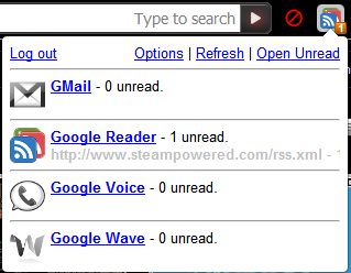 <img style="float:right;" src="http://www.techxav.com/wp-content/uploads/2009/12/2.png"/>If Google Chrome is your default browser and you use Gmail to read/reply e-mails, Google Reader to receive the latest feed updates, or Google Wave for communication and collaboration purposes, then you ought to install this Chrome extension called <a href="https://chrome.google.com/extensions/detail/cfkohgkpafhkpdcnfadadcibfboapggi"target="_blank">One Number</a>.

Similar to Firefox's extension <a href="https://addons.mozilla.org/en-US/firefox/addon/173"target="_blank">Gmail Notifier</a>, One Number acts as a notifier for four Google services (Gmail, Google Reader, Google Wave and Google Voice) that checks unread counts for these Google products all in one button. It offers previews of unread items, allows users to select their preferred services, and provides a two-click access to open all services with unread items at once.