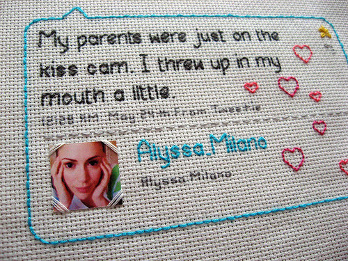 Really Amazing Tweet Stitches Below are 5 awesome and nicely-done tweet stitches created by <strong><a href="http://twitter.com/thewilltorock" target="_blank">Julie Zidel</a></strong>, a professional designer and stitcher. Her embroideries are indeed really amazing! Check them out!
<a href="http://www.flickr.com/photos/nerdgirl/3578077119/in/set-72157619101866084/"target="_blank"><img src="http://farm4.static.flickr.com/3366/3578077119_06512099db.jpg" alt="" /></a>