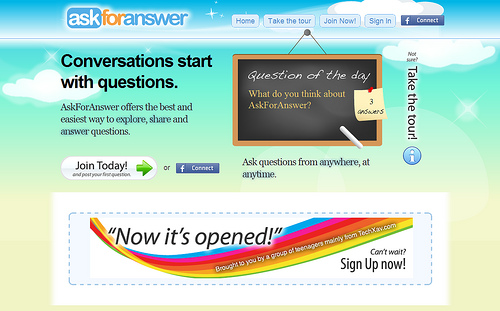 <a href="http://askforanswer.com"target="_blank"><img class="alignright" style="float:right" title="AskForAnswer" src="http://askforanswer.com/images/logo_text_large.png" alt="" width="331" height="75" /></a>Xavier (founder & main editor of TechXav) and I (co-editor of TechXav) have created a brand new Social Q&A Platform called <a href="http://askforanswer.com" target="_blank">AskForAnswer</a>. After several months of development and three weeks of testing, we finally decided to launch Alpha 2.0 version today, and open it to everyone.

In March 2009, I wanted to create a new Q&A Platform that is more social than any other Q&A platforms out there. The two original ideas are "ask someone directly" and "allow someone ask you". In this case, conversations which are starting from questions become possible. I worked very hard on this concept, racking my brains to generate innovative ideas to beat our major competitors -  Yahoo! Answers, Answerbag and Aardvark.