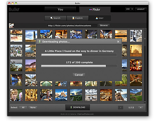 HOW-TO: Download Flickr Photos In Bulk <img src="http://farm3.static.flickr.com/2759/4186546021_453b9404e7_o.jpg" width="539" height="418" alt="screenshot" />
Stumbled across a Flickr album that is filled with hundreds of beautiful and amazing HDR photos? Well, if you're looking for an easy and convenient way to download and enjoy the pictures when you're offline, then this is when <a href="http://clipyourphotos.com/bulkr"target="_blank">Bulkr</a> comes in really handy.
Bulkr is a simple, fast and intuitive Adobe AIR desktop application that enables users to download Flickr photos in bulk with just a click of a button. You can download up to 200 pictures in 6 different sizes (square, thumbnail, small, medium, large, and original) from your photostream, favorites, explored photos, Flickr search, or even any user's photostream. What's more is that you can resume download if connection breaks during download. This feature is particularly if you're downloading a pretty large album.