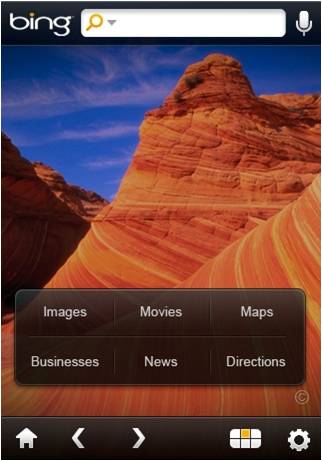 <img style="float:right;" src="http://farm3.static.flickr.com/2751/4188782979_12bc879195_o.jpg" width="322" height="461" alt="homepage" />Apparently, Microsoftâ€™s Windows Mobile platform isnâ€™t doing well in the lucrative and ever-growing smartphone market unlike the iPhone, RIM and Android operating systems. As the saying goes: "If you canâ€™t beat them, join them." In a bid to stay competitive, Microsoft's mobile team has finally made an iPhone and iPod Touch app for Bing. The app is now available and you can download it from the <a href="http://itunes.apple.com/us/app/bing/id345323231?mt=8"target="_blank">Apple iTunes app store</a> or by pointing your iPhone browser to m.bing.com, which will redirect you to the app store.

The free app comes in a simple but pretty impressive interface, and it looks similar to its web version, which features beautiful landscape photos on the home screen. It even comes complete with clickable hotspots to discover related trivia. By default, there are six categories on the center of the page: Images, Movies, Maps, Businesses, News and Directions. When you search for "coffee" under the the "businesses" tab, the app will display the best coffee house near you, including a scorecard which shows you how good the place is.