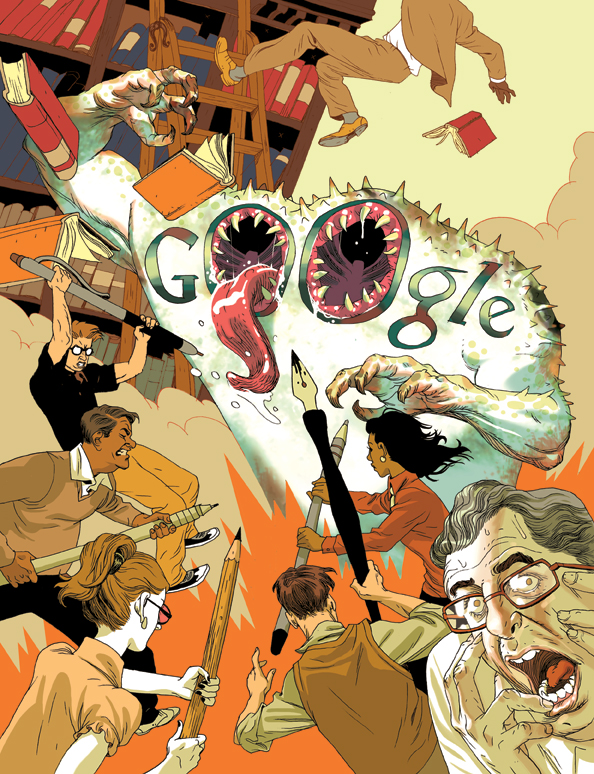 <img src="http://www.techxav.com/wp-content/uploads//2010/03/googlemonsterN.jpg"/>

Asaf Hanuka's two-mouthed Google Books monster, which was featured in this month's issue of California Lawyer, paints a grim picture of how the search juggernaut is actually trying to demolish physical libraries, and groups are protesting Google's plan to scan millions of books and build the biggest digital library store. This graphic you see below, however seems to contradict Google's famous slogan -- Don't Be Evil.

The controversy over Google Books Search goes all the way back to 2005 when Google decided to to carry out an ambitious plan to make digital copies of 10 million volumes by 2015 and create a vast library of electronic books.