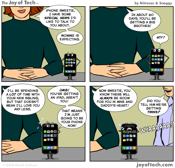 4 Interesting Comics About The iPad <img style="float:right;" src="http://www.techxav.com/wp-content/uploads/2010/02/ipadiphone.png"/>Ever since the launch of the Apple's new product -- the iPad, both Nitrozac and Snaggy from <a href="http://www.geekculture.com/joyoftech/"target="_blank">The Joy of Tech</a> have been working on quite a number of interesting and funny comics about the tablet, which has received mixed responses from the public. The iPad has several drawbacks that disappoint Apple fanboys and fangirls. For example, it doesn't have a camera, lack of Flash support, no multitasking (which means that you can't listen to Lady Gaga's Poker Face while sending an e-mail), no USB ports, etc. On the other hand, it's sleek, has a reasonable price, and is powered by the iPhone OS, which allows users to download iPhone apps into the iPad without worrying much about compatibility issues.