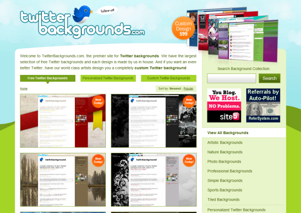 pretty designs for backgrounds. TwitterBackgrounds does pretty